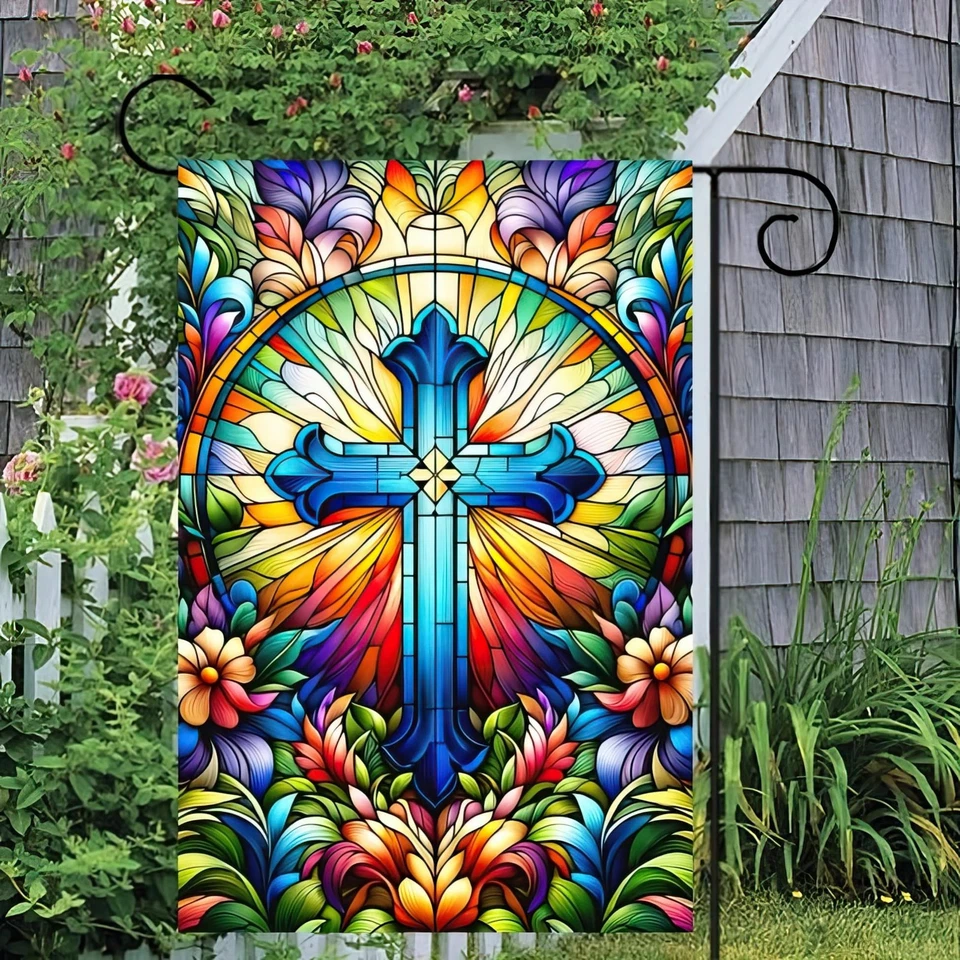PURELY- Vibrant Stained Glass Cross Garden Flag 12X18 Inch Christian Outdoor Decor