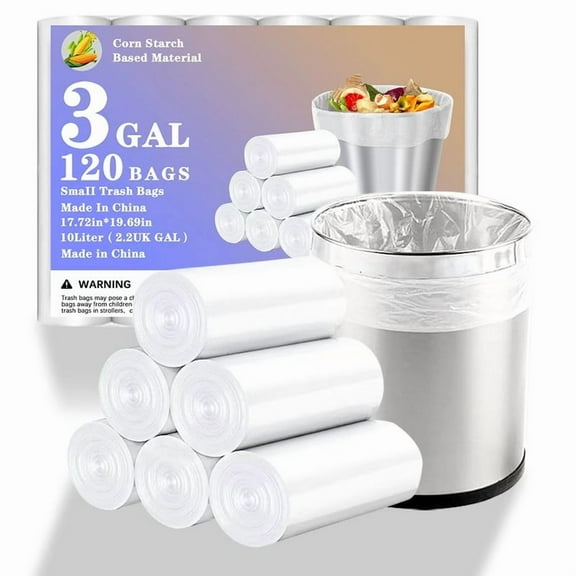 3 gallon Small trash bags, 120 white biodegradable bin liners for kitchen, bedroom, toilet, car waste bin,10 liter
