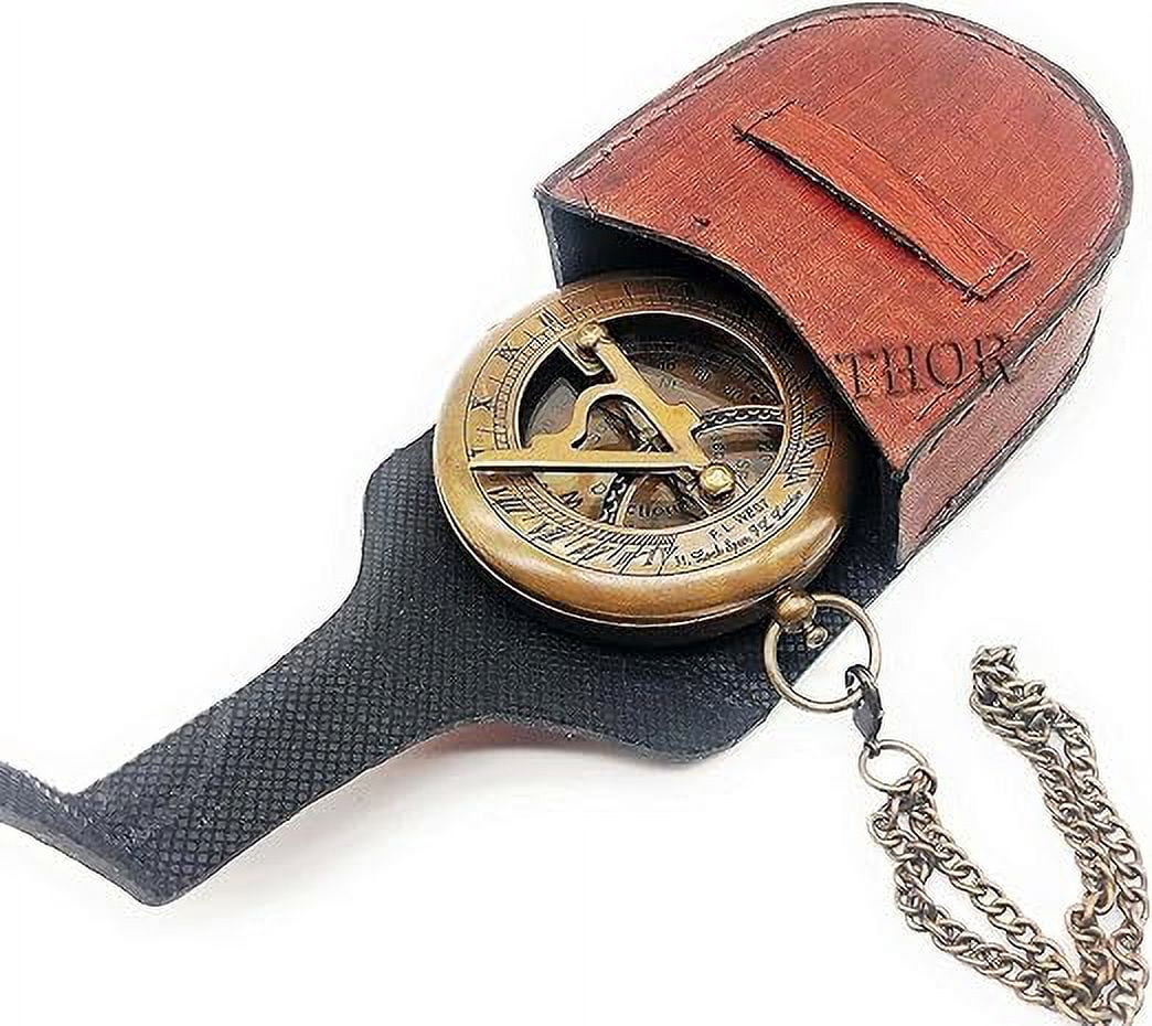 Brass Sundial Compass with Leather Case and Chain | Push Open Compass | Vintage Steampunk Accessory Pocket Compass | Beautiful Handmade Gift Sundial Clock | Antiquated Finish Pocket Compass