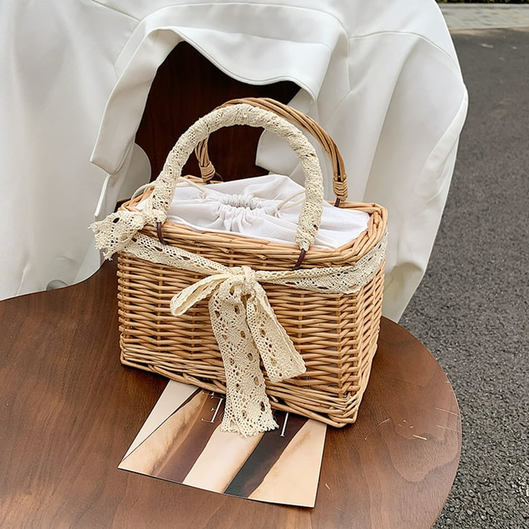 CHAMAIR Vintage Women Rattan Woven Tote Bags Beach Pearl Mini Basket Handbag A