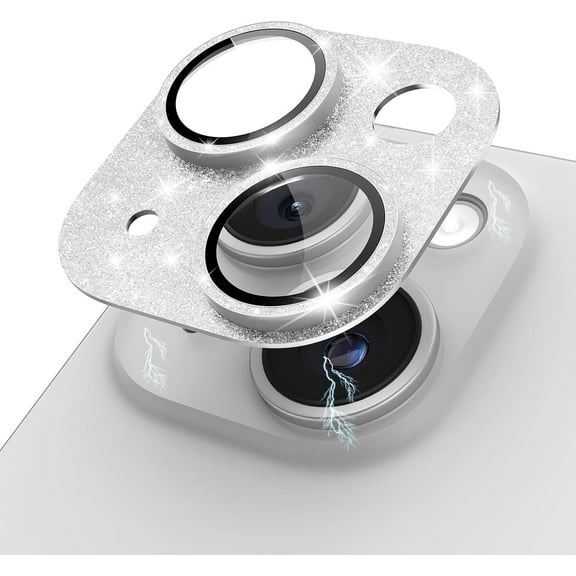 for iPhone 15 Plus/iPhone 15 Camera Lens Protector Glitter Plus Aluminium Alloy Ring 9H Tempered Glass Screen Case Friendly Camera Cover for iPhone 15 Glitter Silver