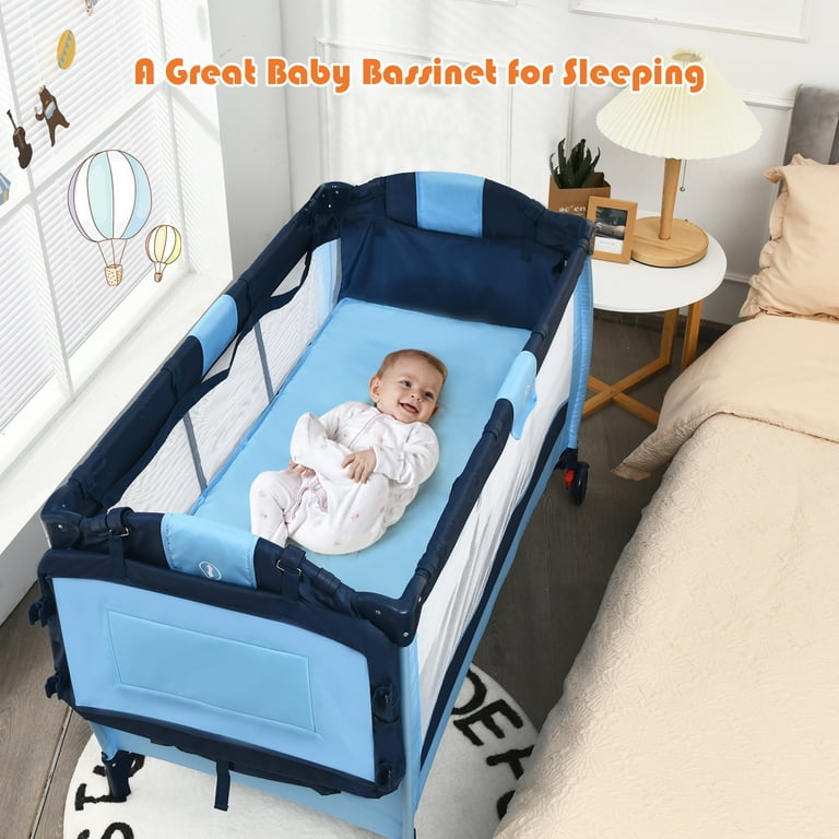 Costway Baby Crib Playpen Playard Foldable Bassinet Infant Bed Blue