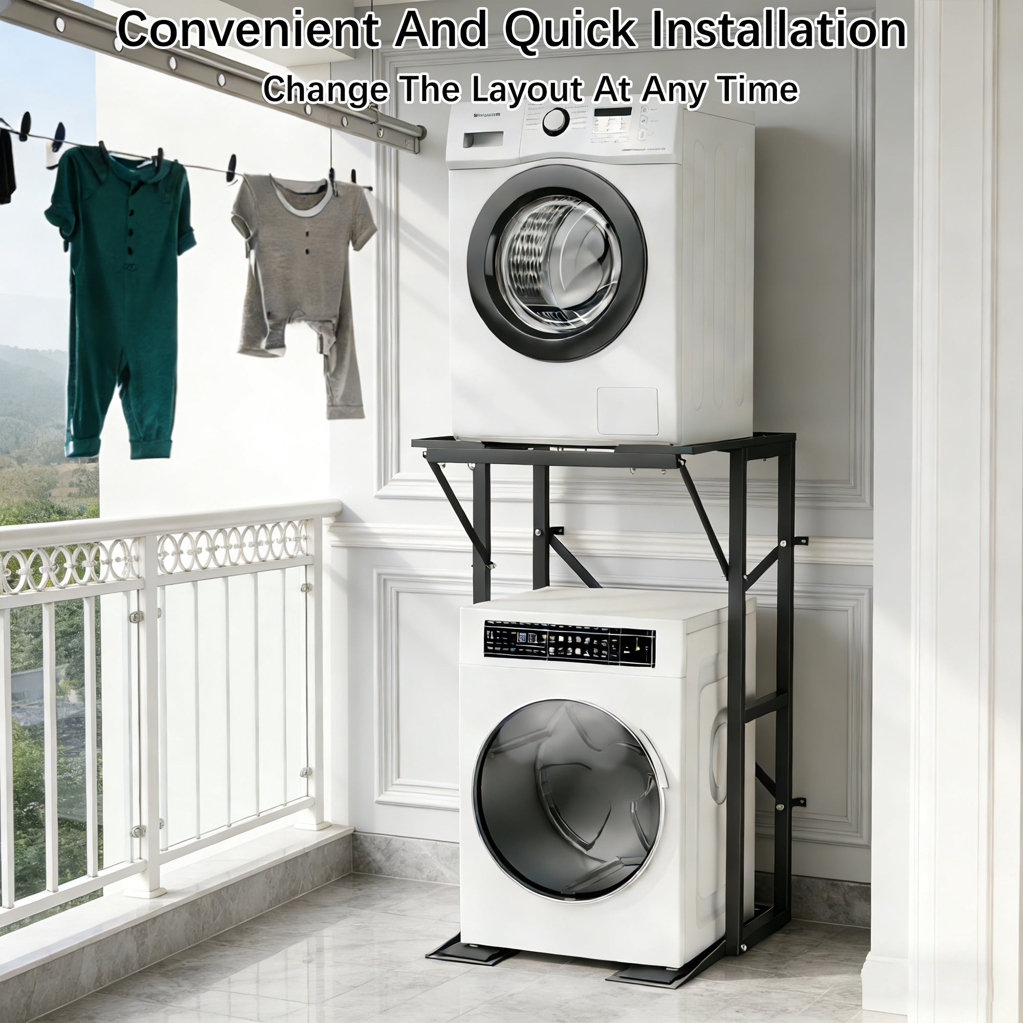 Universal Washer Dryer Stacking Stand, Heavy Duty Steel Washer Dryer Stacking Kit with Anti-Tip Brackets & Non-Slip Pads, Space Saving Laundry Appliance Stand