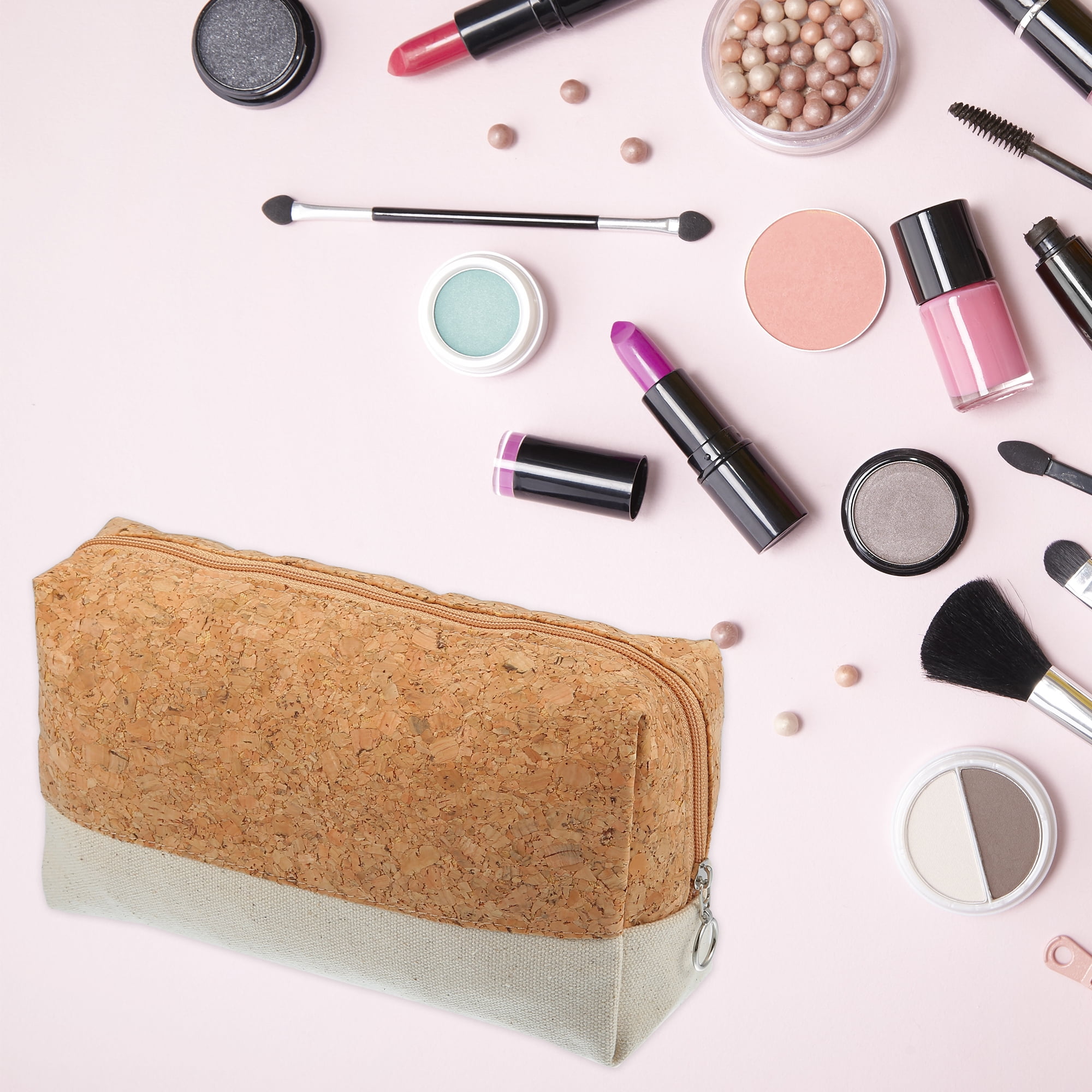 Unique Bargains Makeup Bag Toiletry Bag Wood Grain Pattern 7.80"x2.36"x5.51" Canvas Beige