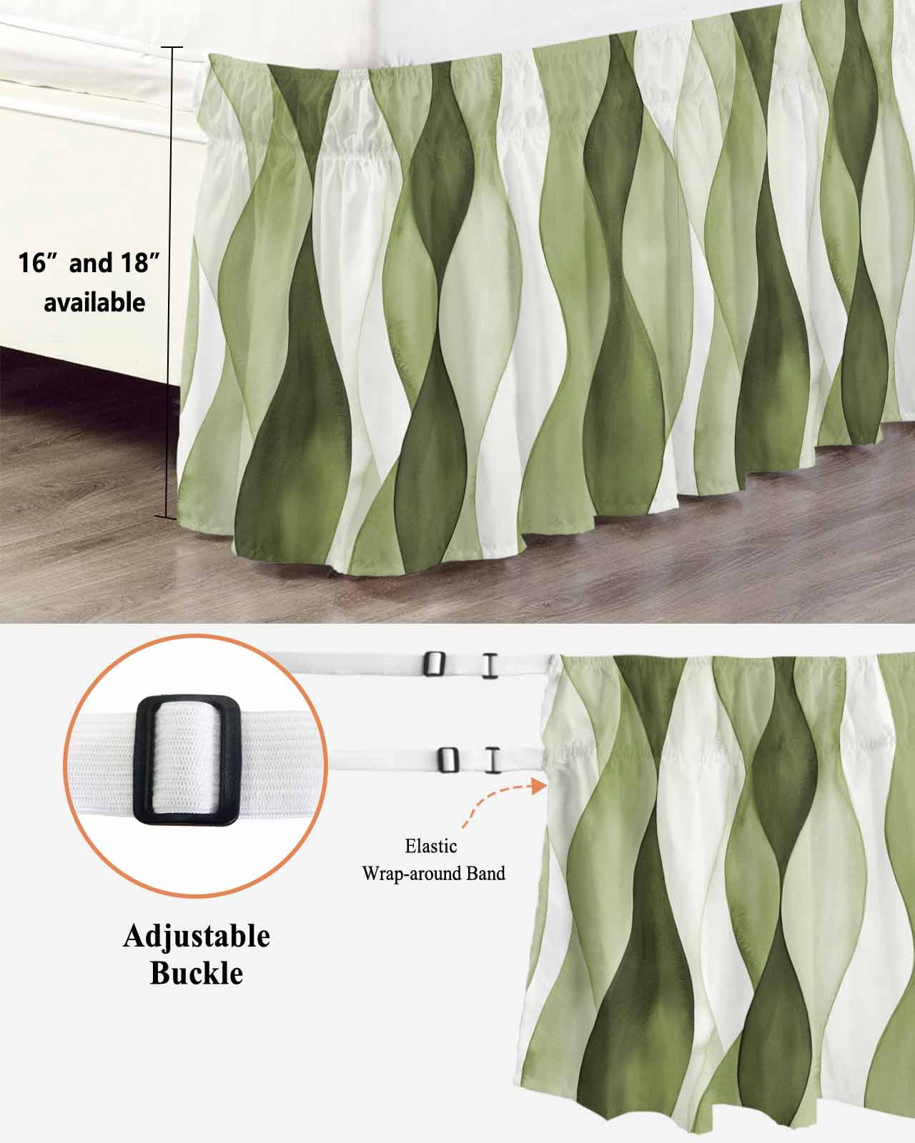 Sage Green Ripple Bed Skirt Abstract Gradient Watercolor Modern Bed Skirts King Size 16 Inch Drop, Wrap Around Dust Ruffle&nbsp;Bedskirt with Adjustable Elastic Belt for Queen Size Beds