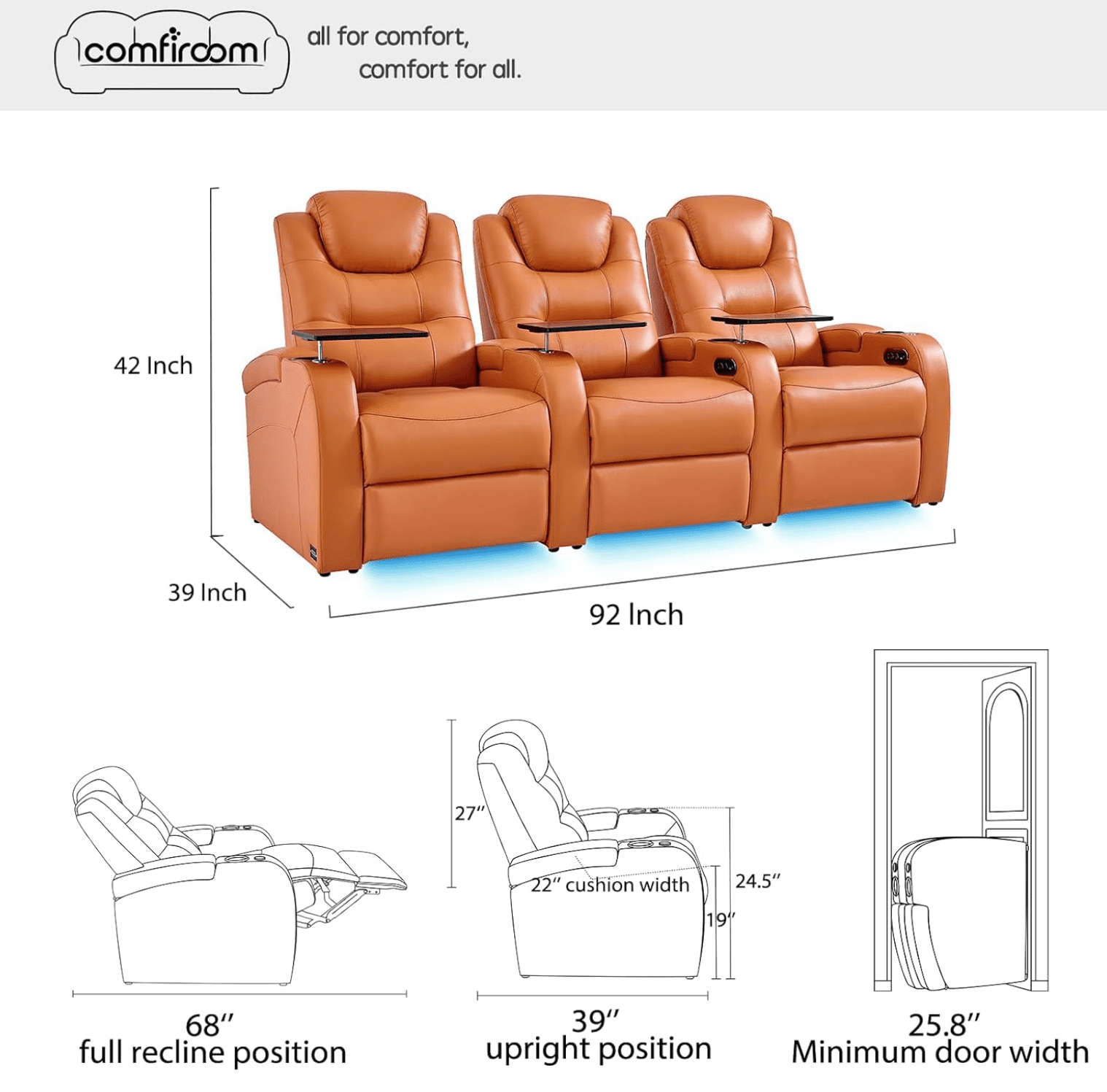comfiroom Leather Home Theater Seating, Simple Style Top Grain Leather Game Seats Movie Theater Chairs Recliner Sofa with Type-C USB Charger (Orange, Row of 3)