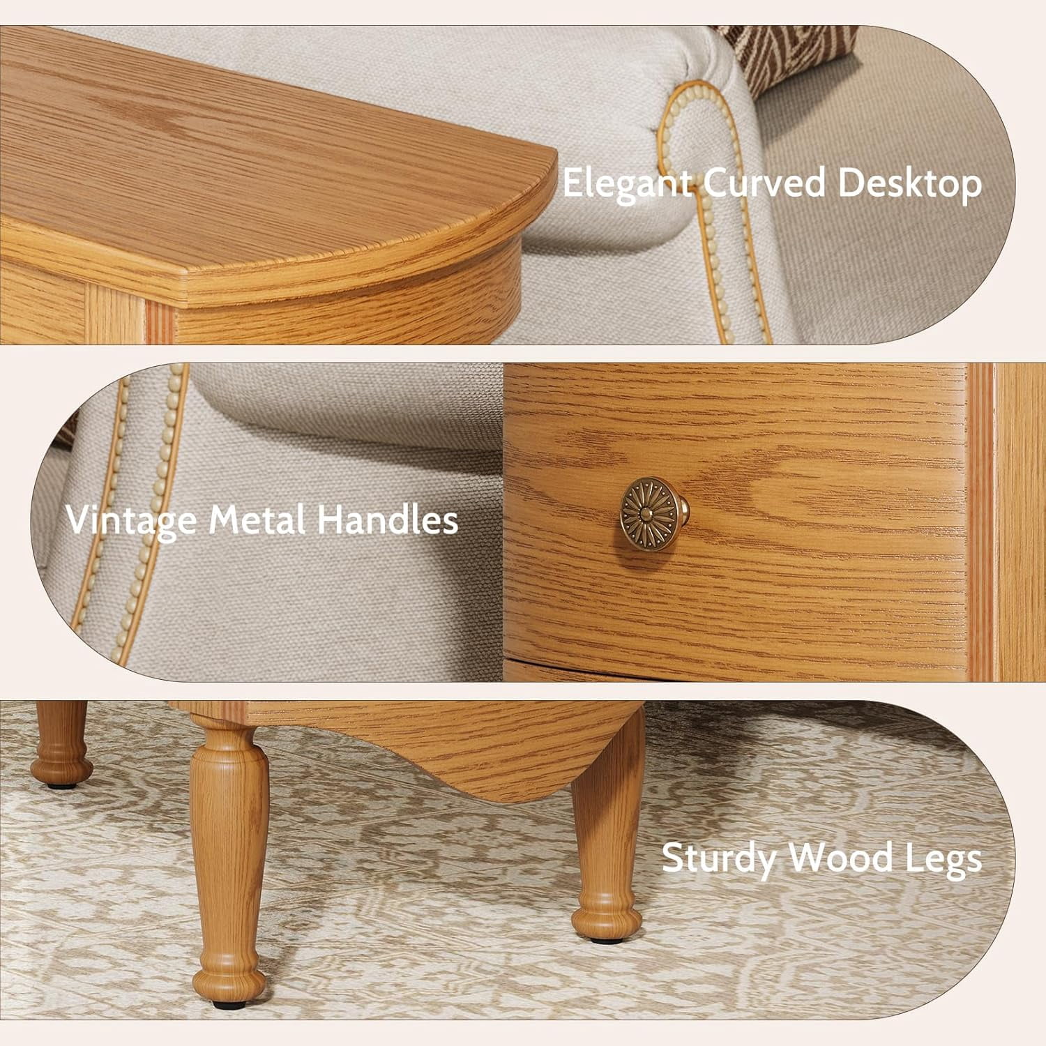 Vividwood Wood End Table with Charging Station, Narrow Side Table with 2 Drawers and Solid Wood Feet, Light Walnut