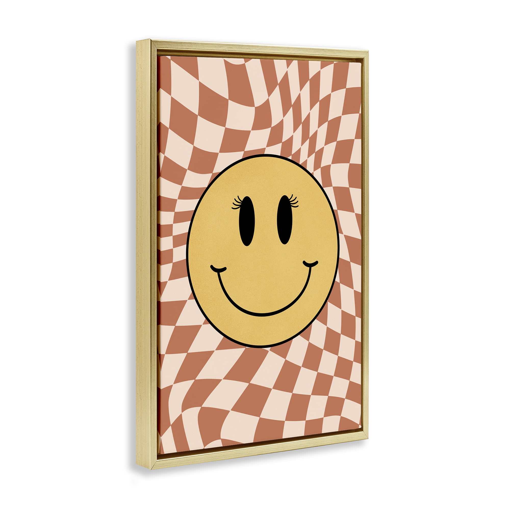Stupell Industries Retro Checkered Smiley Novelty & Humor Painting Gold Floater Framed Canvas Art Print Wall Art, 21 x 31