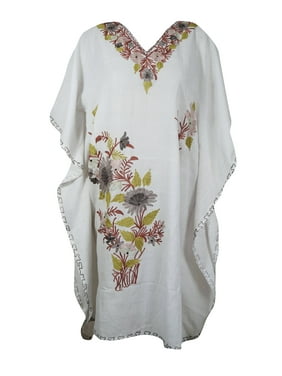 Mogul Women White Embellished Kaftan Dress Floral Embroidered Kimono Sleeves Resort Wear Housedress One Size