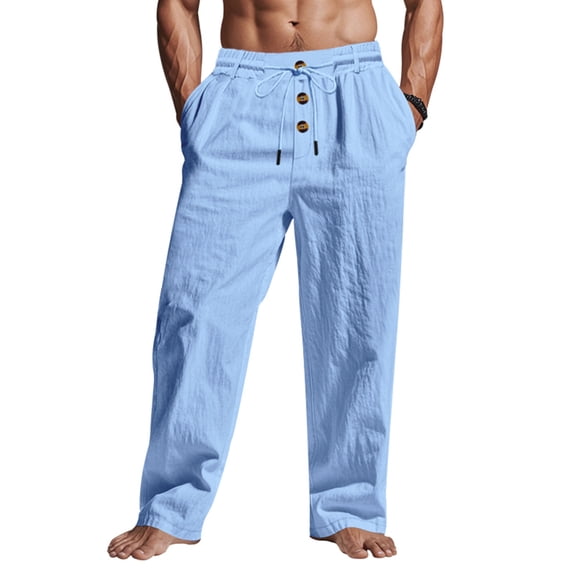 Resicozy Mens Cotton Linen Pants Casual Summer Vacation Baggy Beach Pants Buttoned Drawstring Yoga Trousers with Pockets Light Blue S