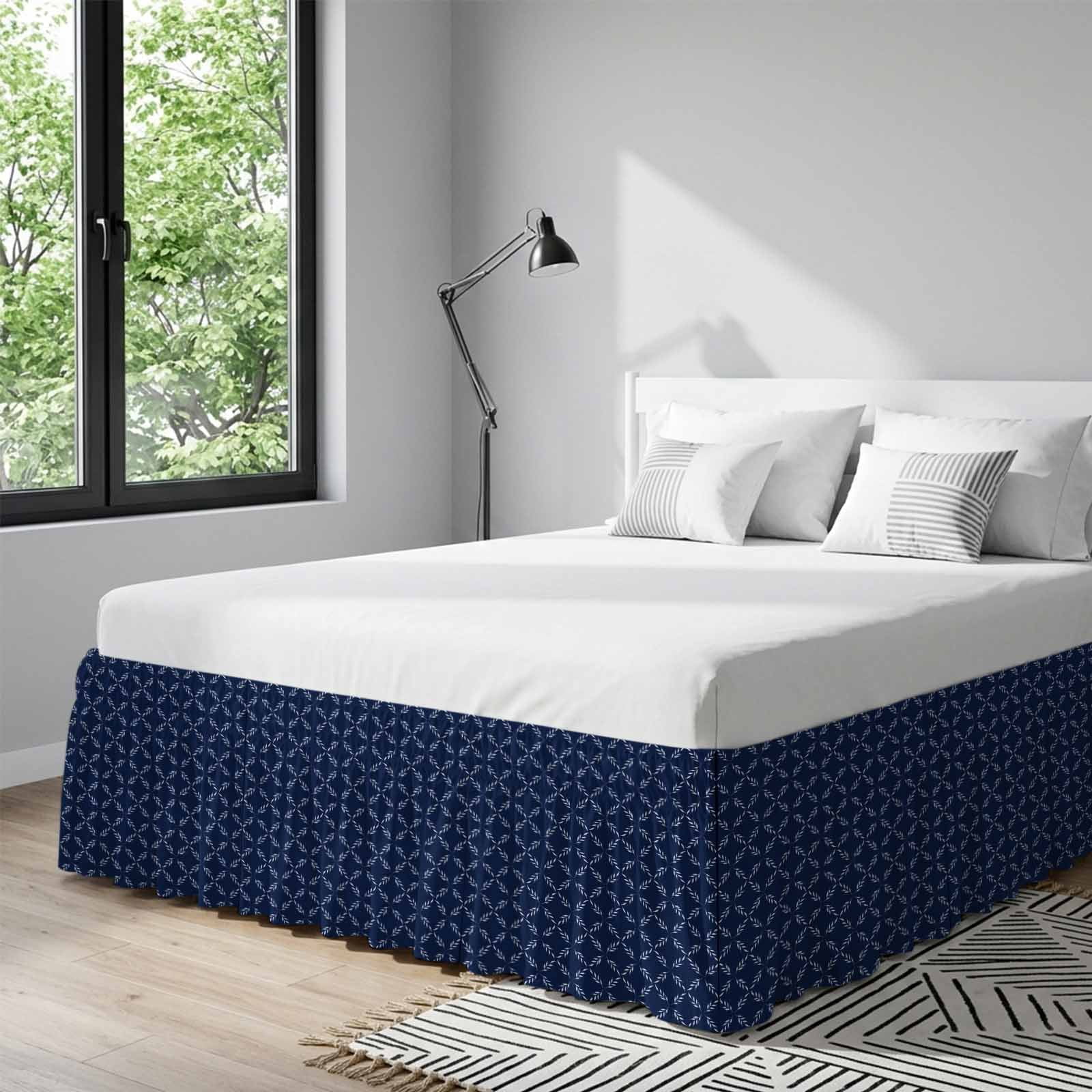 Navy Blue Bed Skirt Queen Size 18 Inch Drop, Adjustable & Elastic Wrap Around Bed Skirts Pleated Dust Ruffles For Twin Full Queen Cal King Base Beds, Geometric Leaf Diamond Plaid Abstract Check