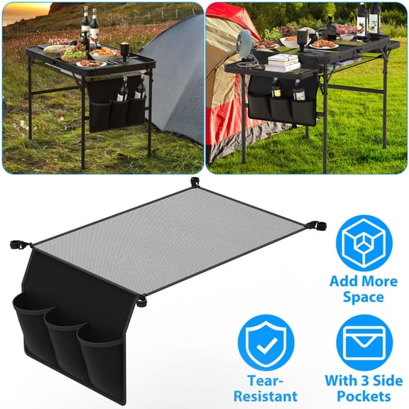Hassch Hanging Storage Net for 35x23 inch Under Camping Table, Portable Folding Bag with Side Pockets and Corner Clips, Picnic Table Organizer for Hiking Fishing Travel, Black