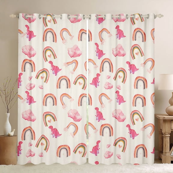 Homewish Dreamy Rainbow Cloud Black Out Curtains, Cream Pink Cartoon Dinosaur Curtains Pack of 2 (42x63 Each), Teens Kids Boys Girls Bedroom Curtains, Curtains and Drapes Bedroom Decor