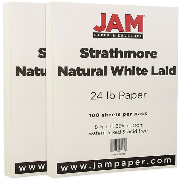 JAM Paper Strathmore, 8 1/2 x 11, Natural White Laid, 24lb, 2 packs of 100