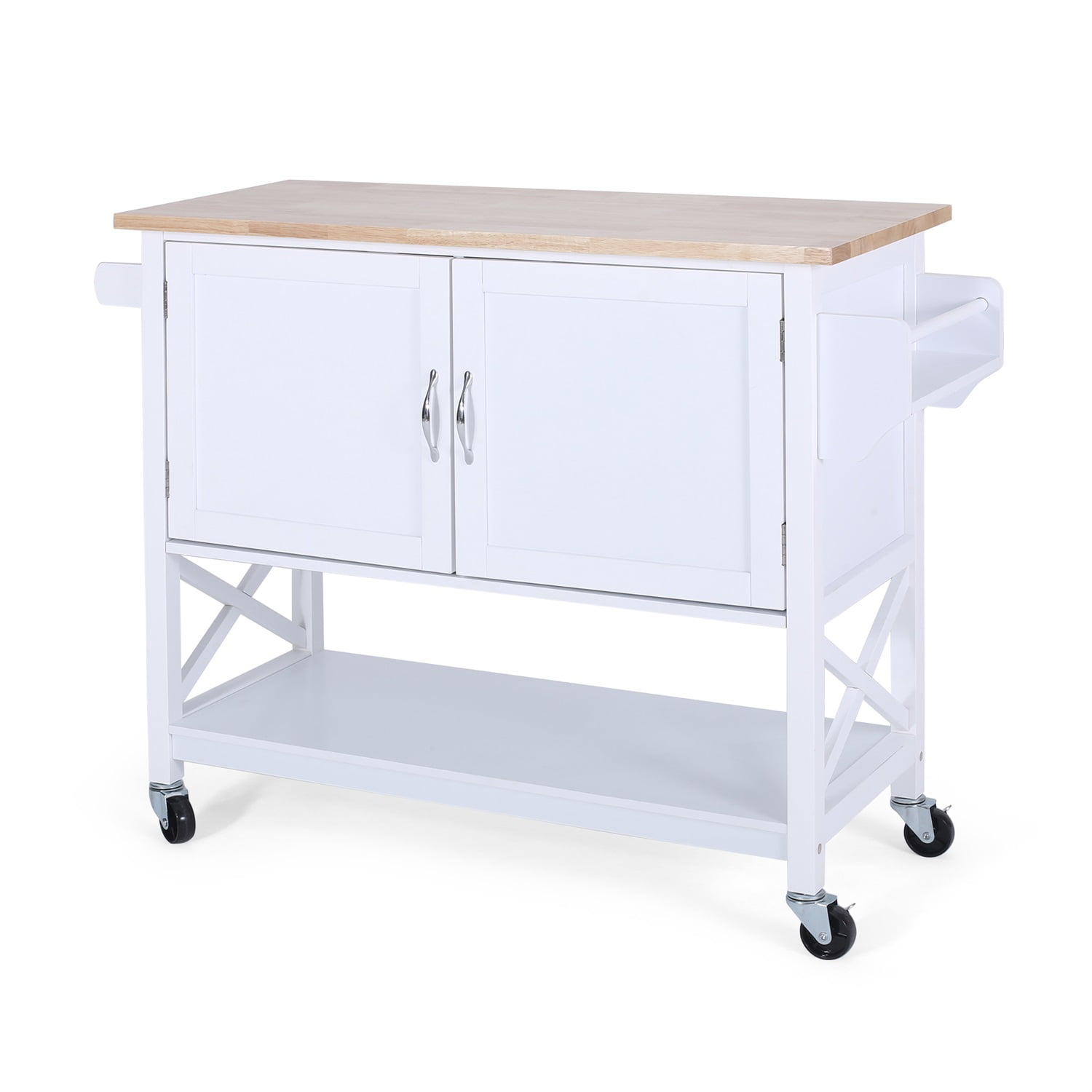 Kadyn Farmhouse Kitchen Island Cart with Doors, Kitchen Cart with Wheels, Rubberwood Kitchen Cart for Kitchen, White and Natural Kadyn Farmhouse Kitchen Island Cart with Doors, Kitchen Cart with Wheels, Rubberwood Kitchen Cart for Kitchen, White and Natural