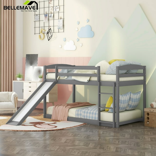 Bellemave Twin Over Twin Bunk Bed with Slide, Kids Low Bunk Bed with ...