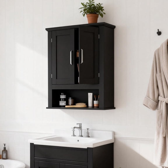 Ktaxon Bathroom Medicine Cabinet, Wall Storage Cabinet with 2 Doors and Shelves, Black