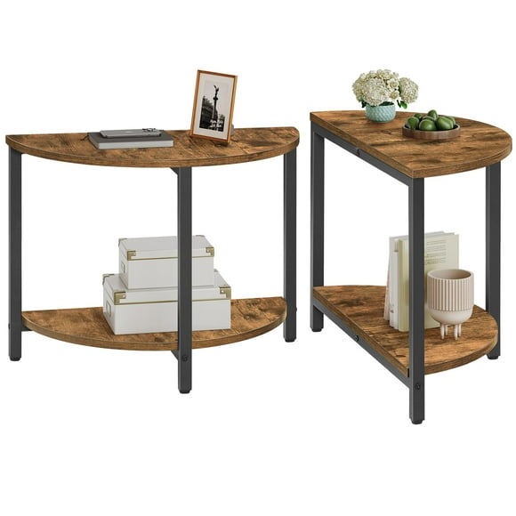 YATINEY End Tables Set of 2, 23.6"" Half Round Coffee Tables, Half Moon Table, 2-Tier Nightstands with Open Shelves, Entryway Table for Living Room, Bedroom, Rustic Brown KF02BR