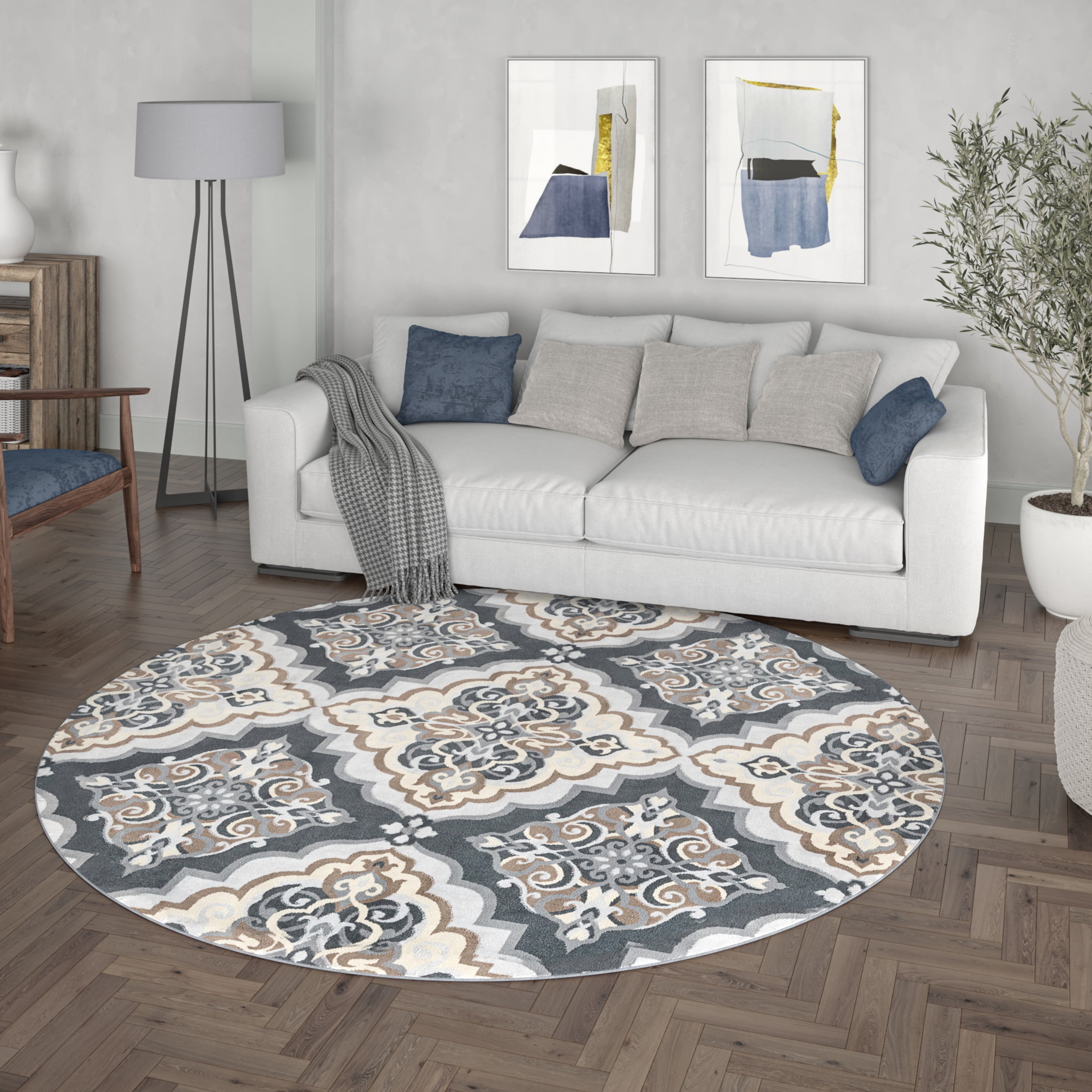 Madison Traditional 5' Round Gray Polypropylene Indoor Area Rug
