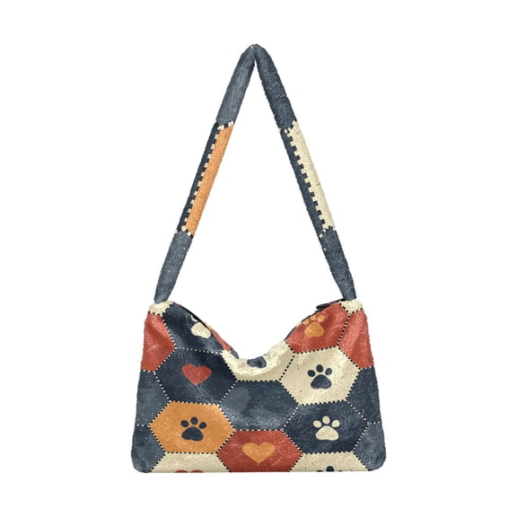 DIXRUYEE Hexagonal Footprint Pattern Print Plush Shoulder Bag Soft Faux Fluffy Hobo Tote Bag With Zipper Closure Casual Lightweight Crossbody Handbag