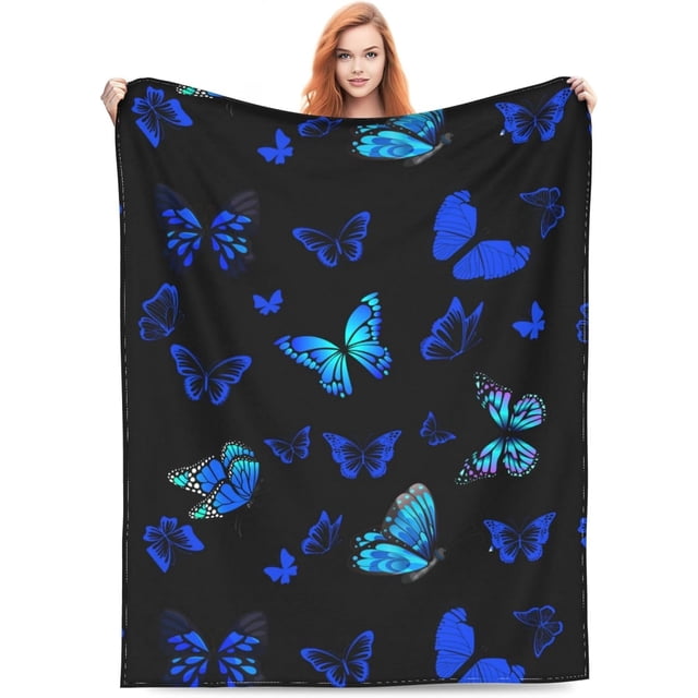 LHSHID Blue Butterfly Soft Warm Throw Blanket Lightweight Flannel Fleece Bed Blanket Gift for Girls Boys Men Women Chair Couch