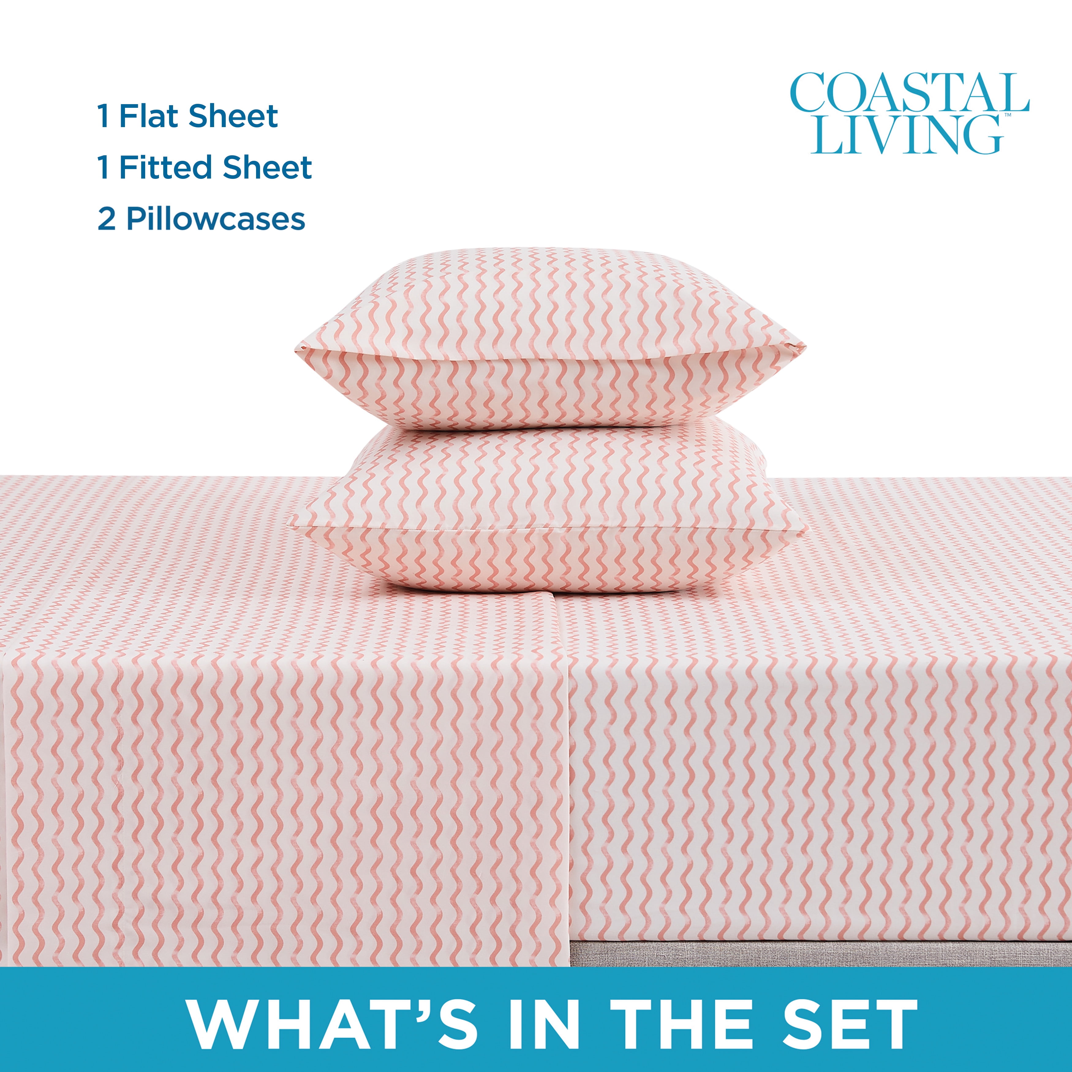 Coastal Living 4-Piece Coral Chevron Soft Brushed Microfiber Luxury Cooling Sheet Set, Queen