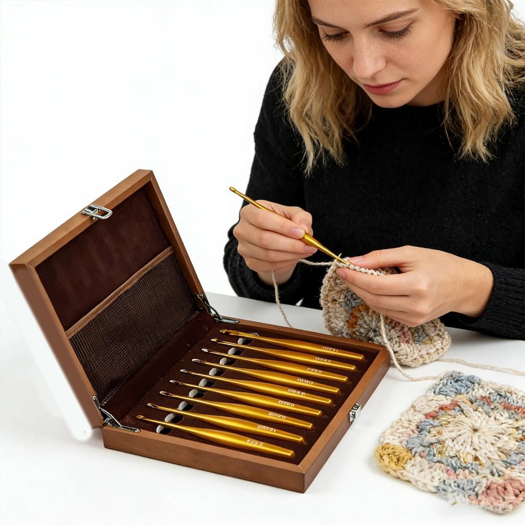 Giaone Alumina Detachable Crochet Hook Set Ergonomic Wood Handle Multiple Sizes Portable Storage Case