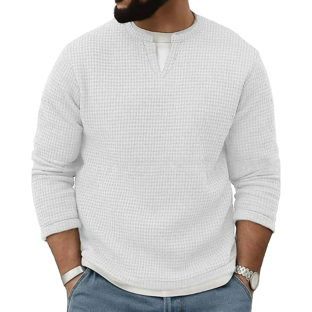 Kalauyu Chandail à Col Rond pour Hommes, Décontracté, à Texture Gaufrée, Chandail Molletonné pour Hommes