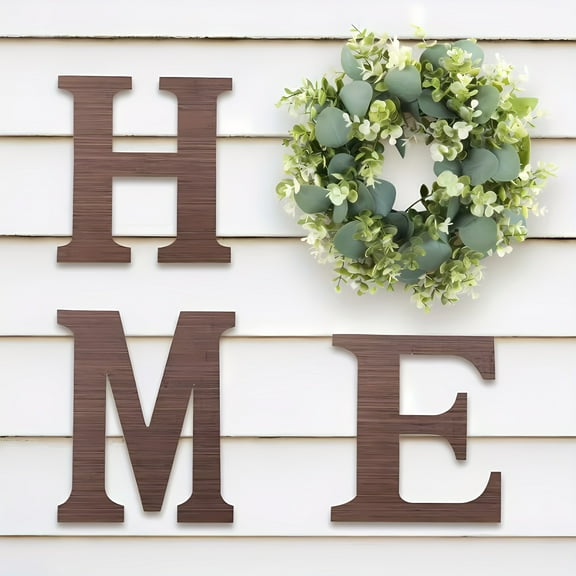 Wooden Home Sign Wall Hanging Decor, Wood Letters For Wall Art With Artificial Eucalyptus Wreath, Rustic Home Decor Farmhouse, Wood Wall Art For Entryway Living Room Kitchen, Brown, Housewarming Gift