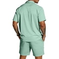 thumbnail image 4 of Sewkxo 2 Piece Set for Men Short Sleeves Lapel Button Up Shirts Drawstrings Beach Shorts Summer Beach Casual Suits with Pockets,Light Green L, 4 of 6