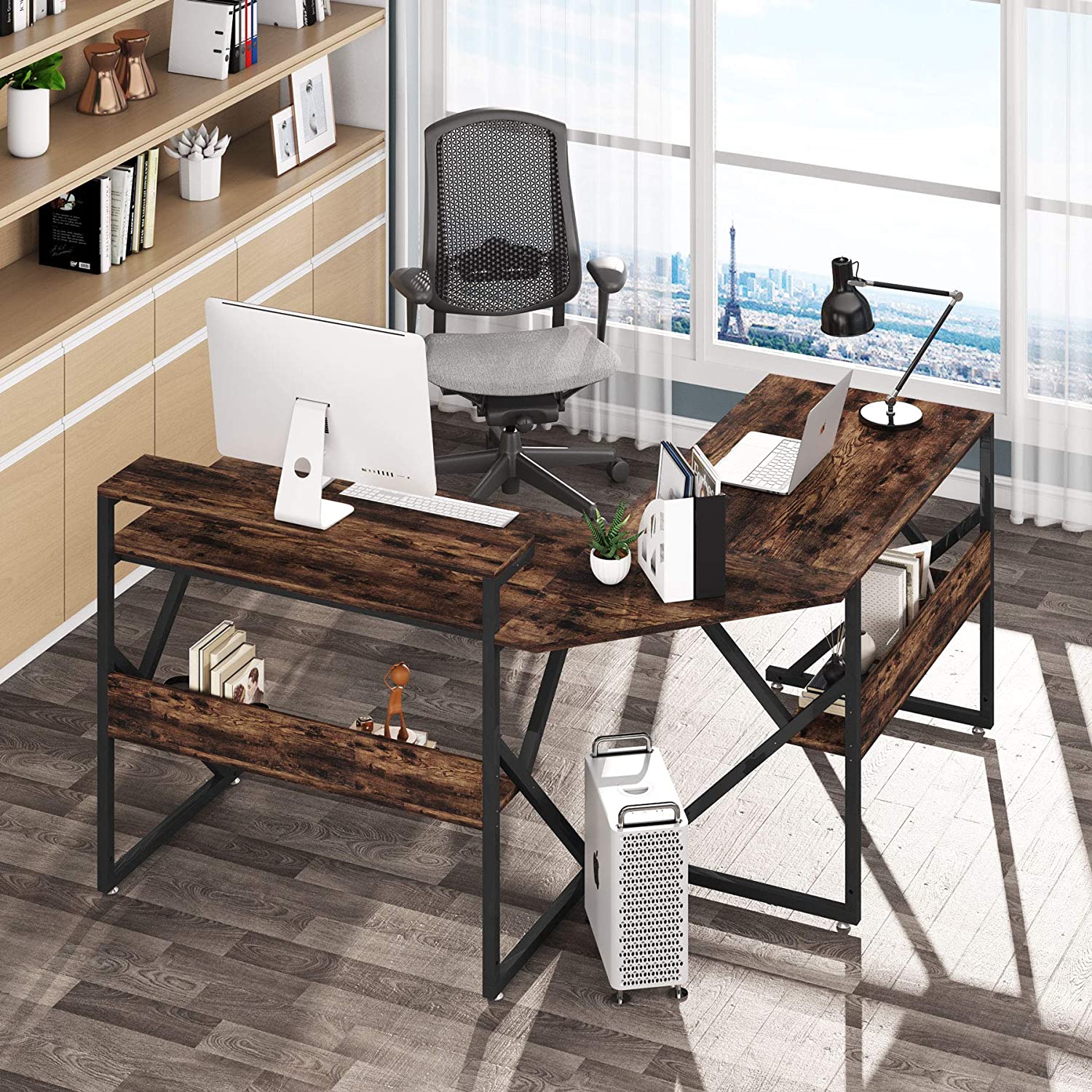 Tribesigns L Shaped Desk with Storage Shelves, 55 inch Corner Computer Desk with Monitor Stand, Large Study Writing L Desk for Home Office, Rustic Brown