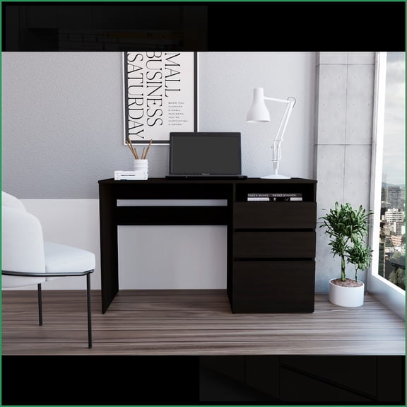 Desks | Kenai Modern 3-Drawer Computer Desk with Shelf | 47.4” Wide | Black | Particle Board