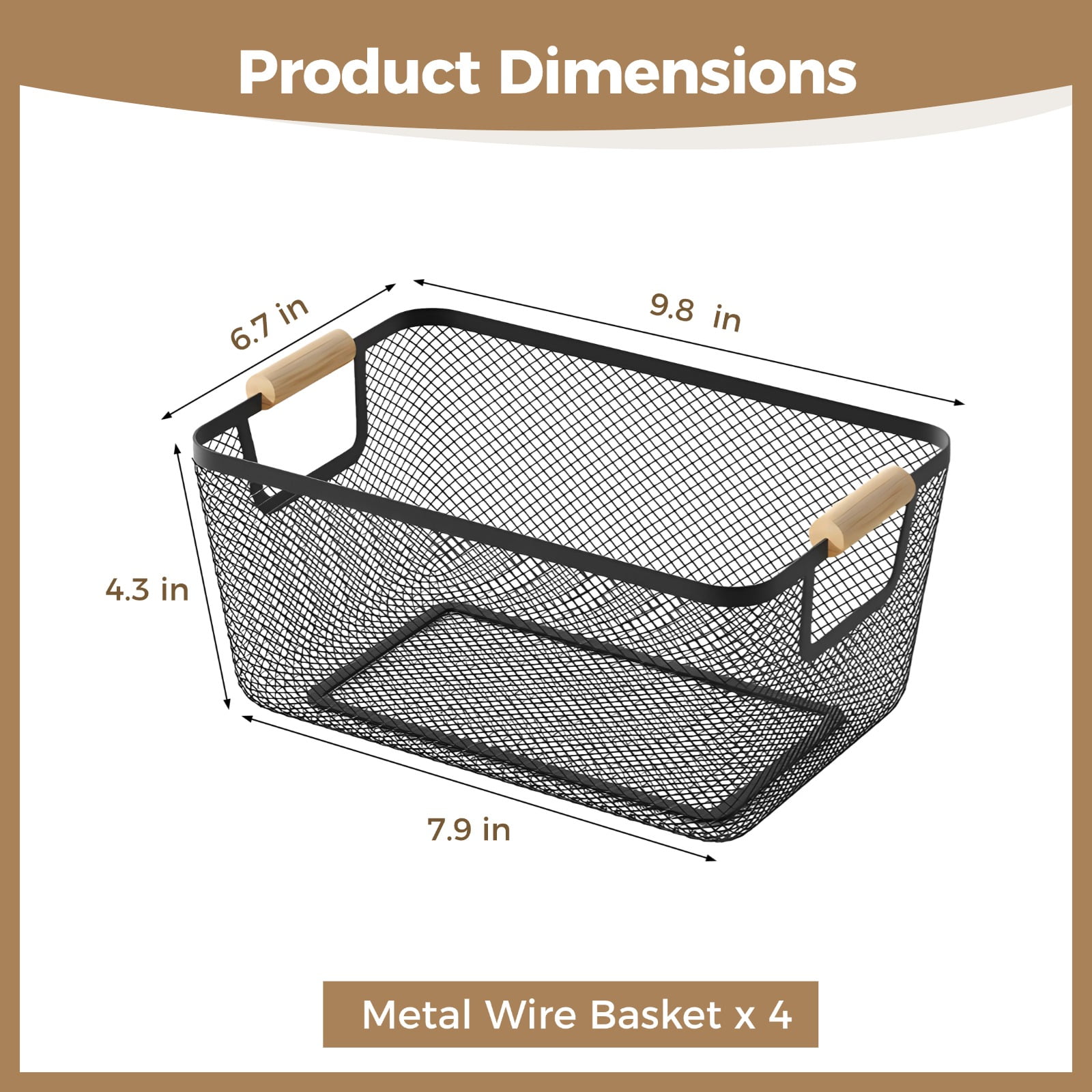 4 Pack Metal Mesh Wire Storage Baskets – Small Black Desktop Bin Set, Dual Bamboo Handles, Rust-Resistant Iron, Stackable for Kitchen, Home Office & Pantry Organization