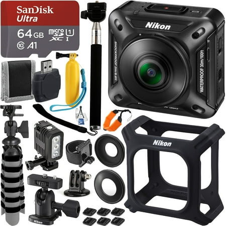 Nikon KeyMission 360 4K Action Camera with Advanced Underwater Bundle - Includes: SanDisk Micro 64GB Ultra SDXC Class 10 Memory Card, 40M Underwater LED Light, Extending Selfie Monopod & MORE