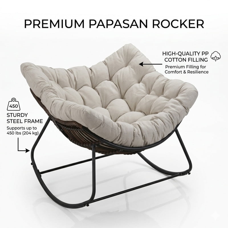 Oversized Papasan Outdoor Armless Rocking Chair, Indoor Recliner Lounge Chair with Cushion