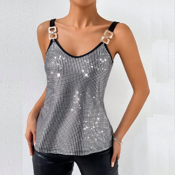 ChaoHeng Sleeveless Tops for Women Cotton Summer Tank Tops Womens Glitter Strappy Tank Tops Ladies Sexy Vest Clubwear Tops