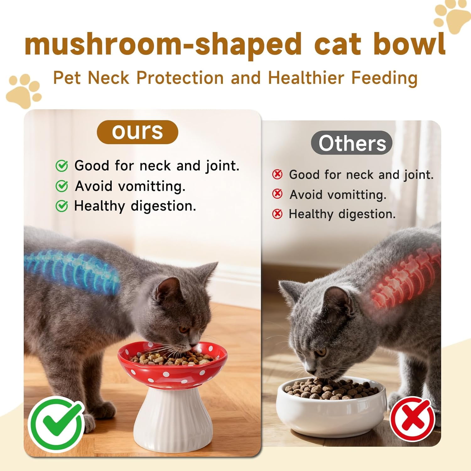 Lead & Cadmium Free Ceramic Elevated Cat Bowls for Food and Water, Red and Yellow Design to Prevent Whisker Fatigue