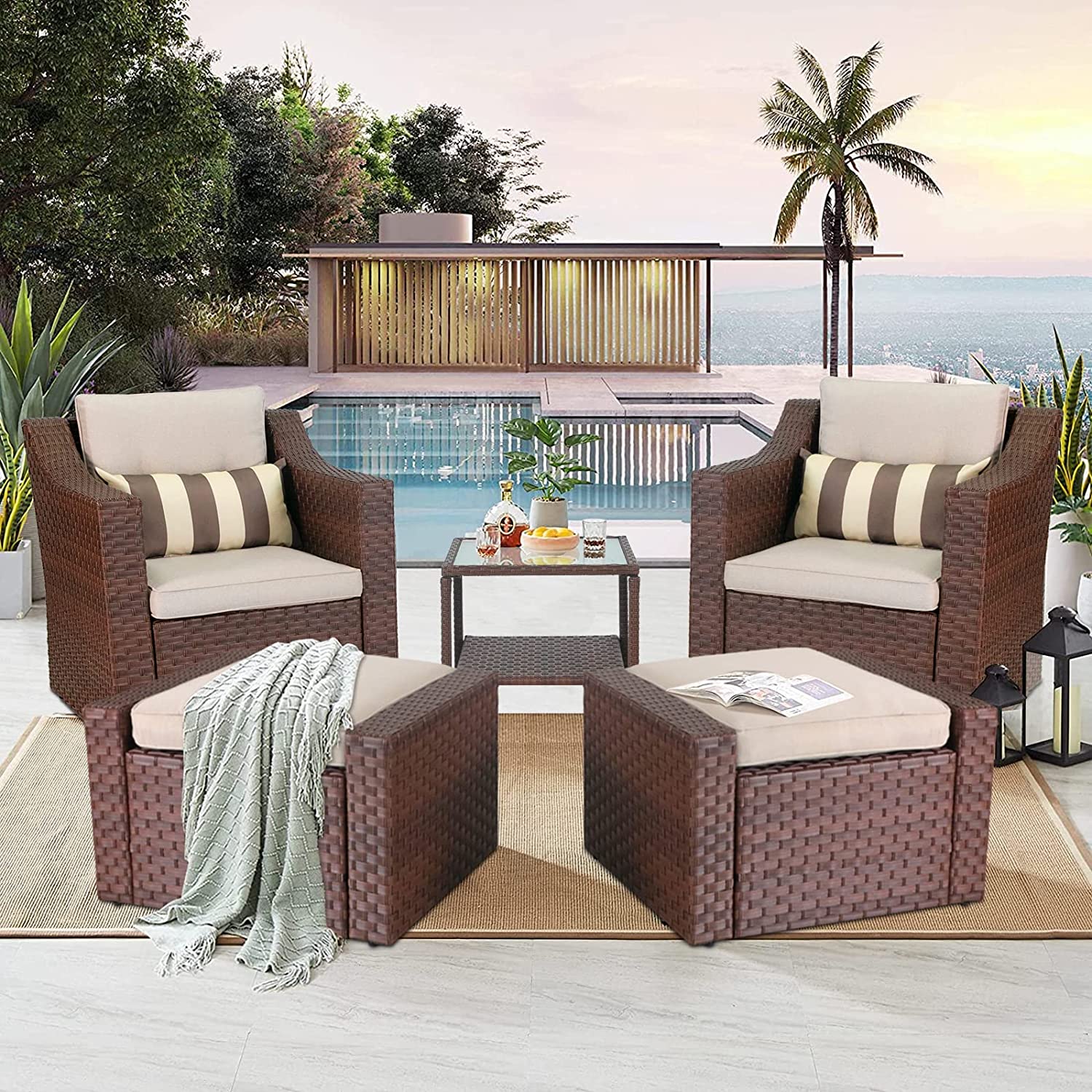 SOLAURA 5-Piece Outdoor Furniture Set Patio Wicker Conversation Set with Lounge Chairs & Ottomans, Brown - image 5 of 7