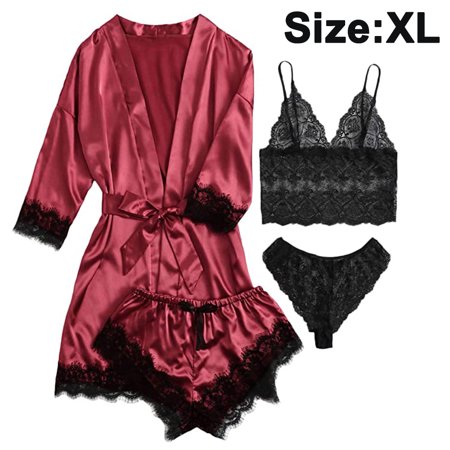 4 Pieces Women s Satin Floral Lace Cami Top Lingerie Pajama Set with Robe Dressing Gown Kimono Lingerie Set Satin Pyjamas Lace Robe Bra