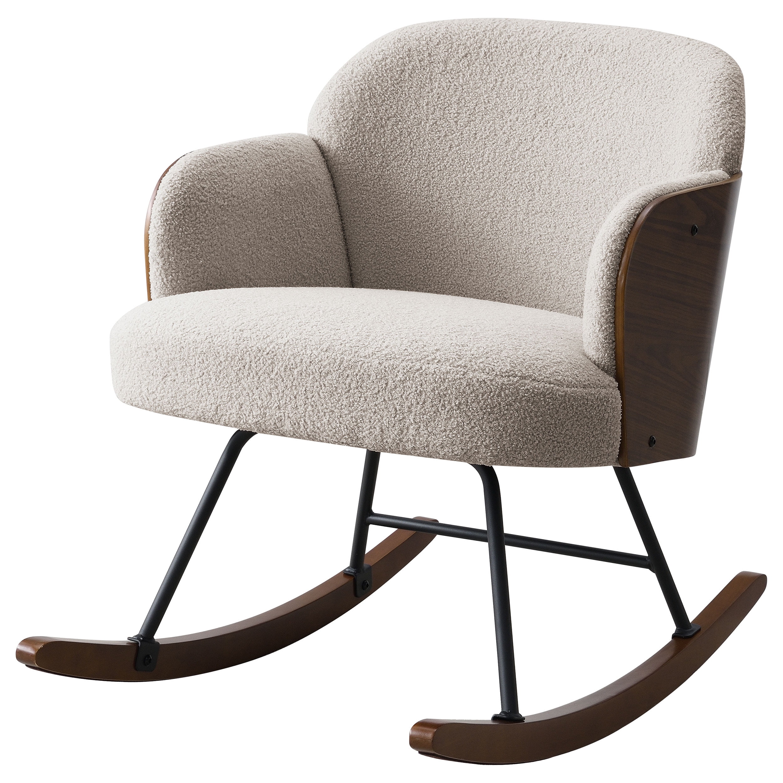 Acpouw Beige Boucle Upholstered Rocking Chair with Walnut Bentwood Frame, Metal Legs, Wooden Rockers, Smooth Motion, 31"H x 27"W x 35.25"D Accent Nursery Rocker