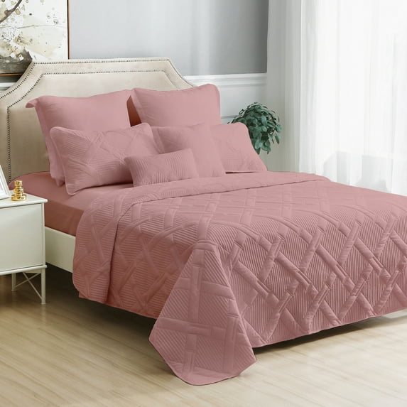 Marquess 7 Piece Pink Color Full/Queen Bedspread Quilt Set Microfiber Coverlet Bed Cover