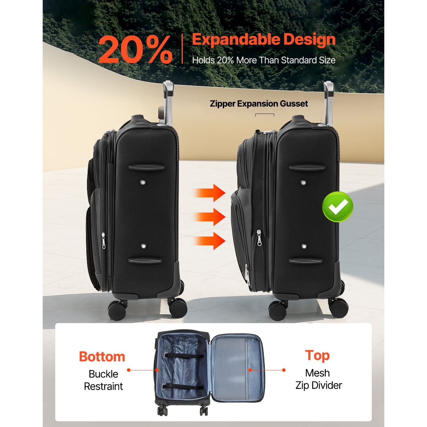 KFFKFF Softside Expandable Spinner Luggage 20" Checked Softside Spinner Luggage with Expandable Zippered Pocket and TSA Lock