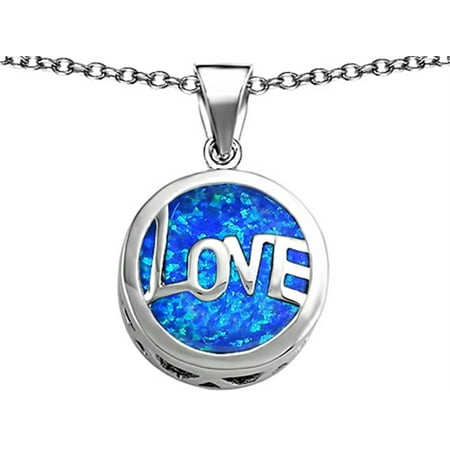 Large Round Silk Pendant - Star K Large Love Round Pendant Necklace with 15mm Round Blue Created Opal in Sterling Silver