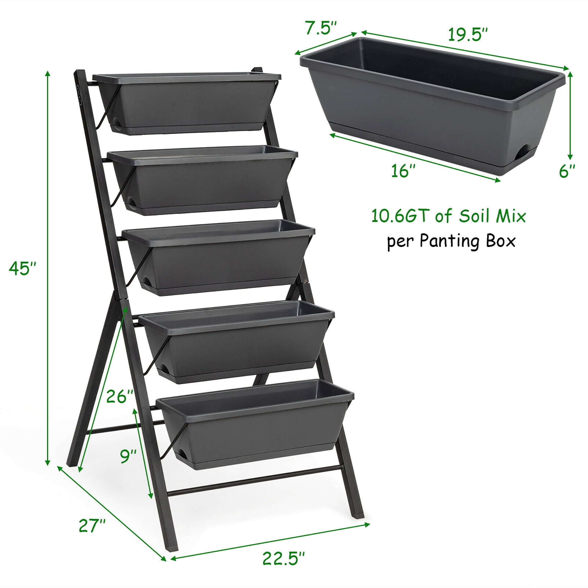 Costway 1 PCS 4 ft Vertical Raised Garden Bed 5-Tier Planter Box for Patio Balcony Flower Herb