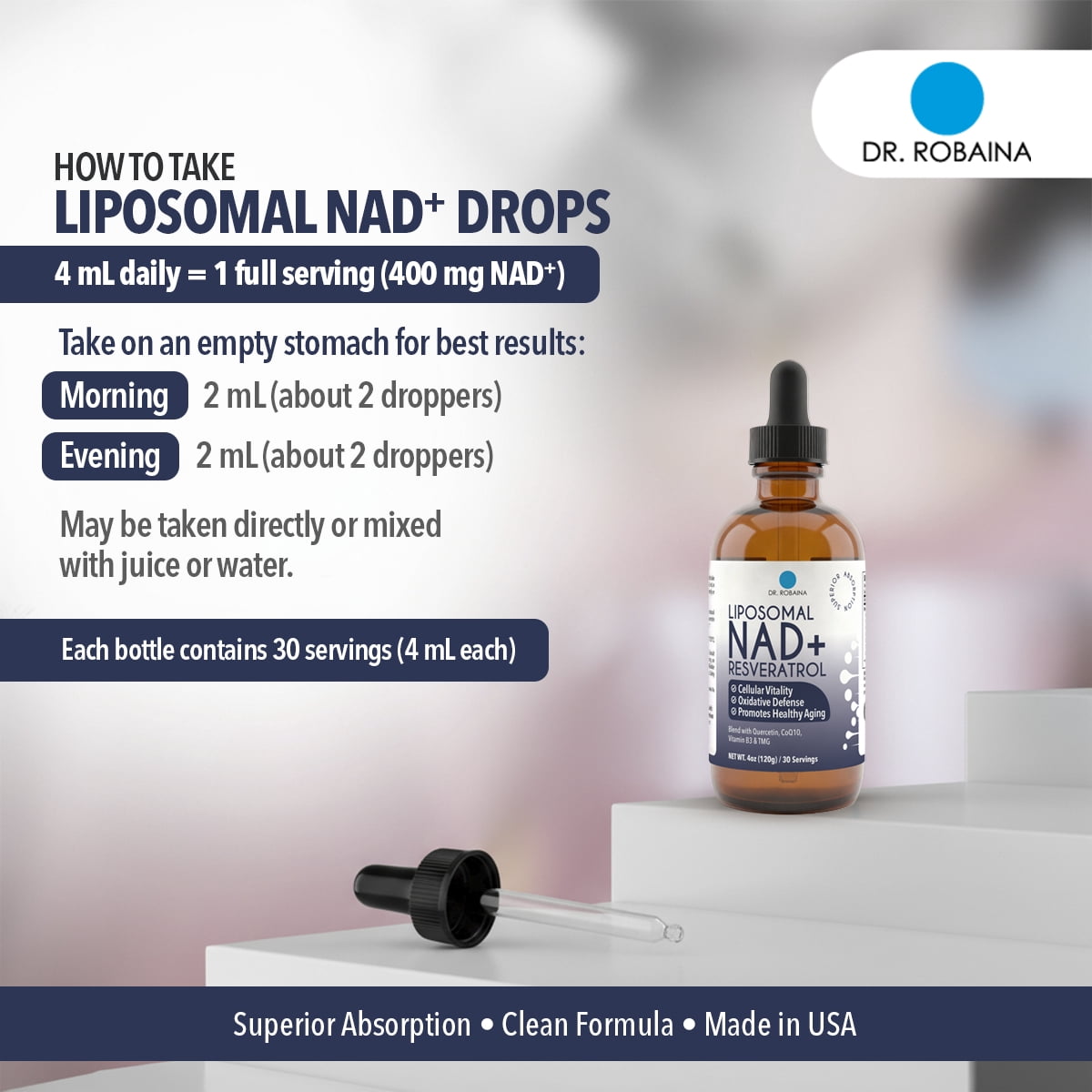 Dr. Robaina Liposomal NAD+ Resveratrol Liquid Supplement - CoQ10 & Quercetin - Anti-Aging & Cellular Energy (4 fl oz)