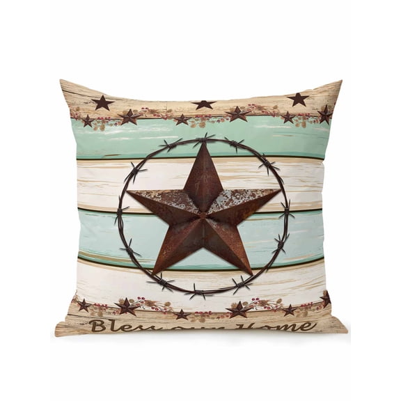 Outdoor Pillows Waterproof, Western Texas Star Green Bedding Throw Pillows with Insert for Couch Sofa Bed, Farmhouse Brown Country Vintage 18x18 Inch Pillowcases Decorative Patio Pillow Set of 1