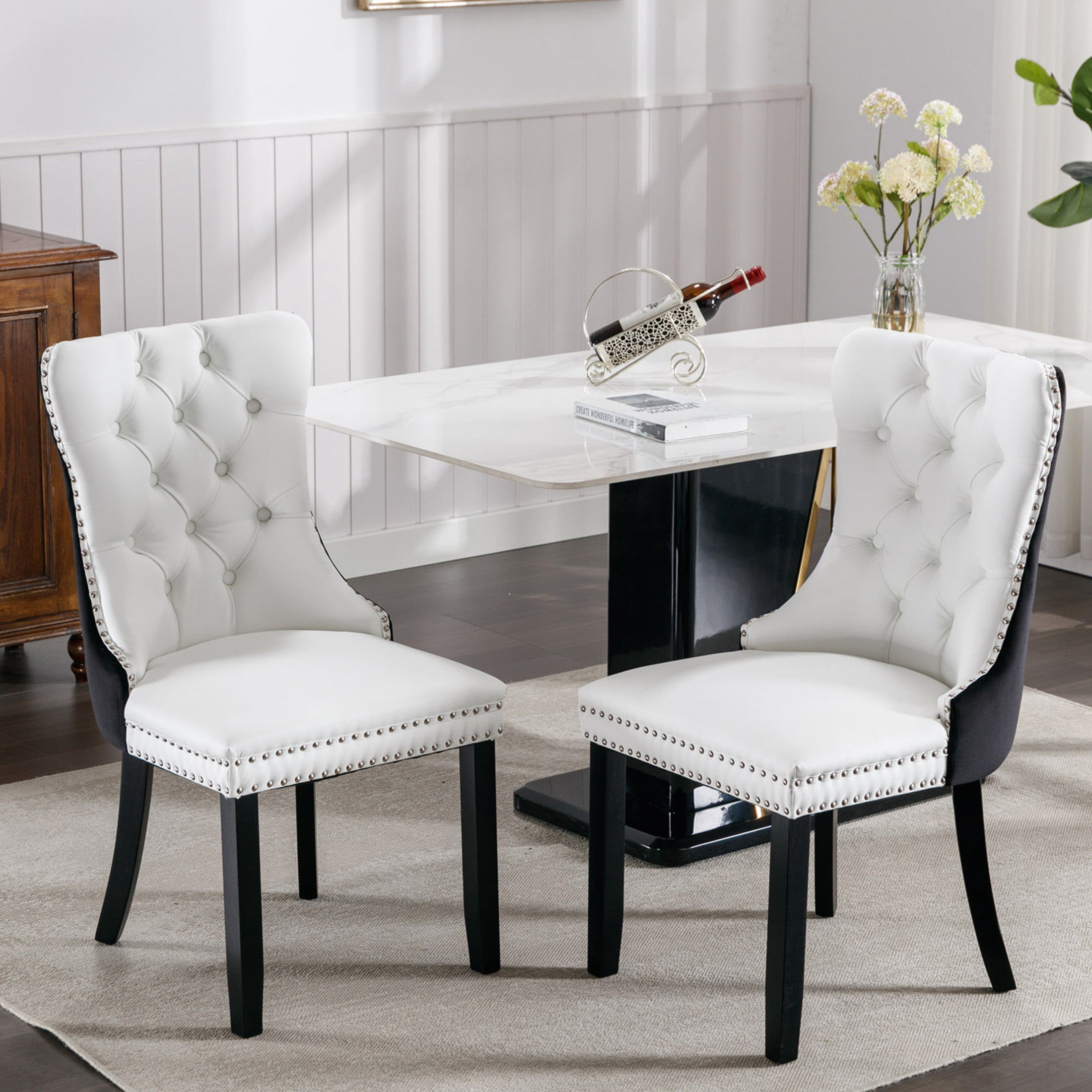 PORKISS Dining Chairs Set of 2, Modern Wood and PU Dining Room Chairs with Back Ring and Nailhead Trim, Upholstered Tufted Velvet Chair with Wood Legs for Kitchen, White/Black