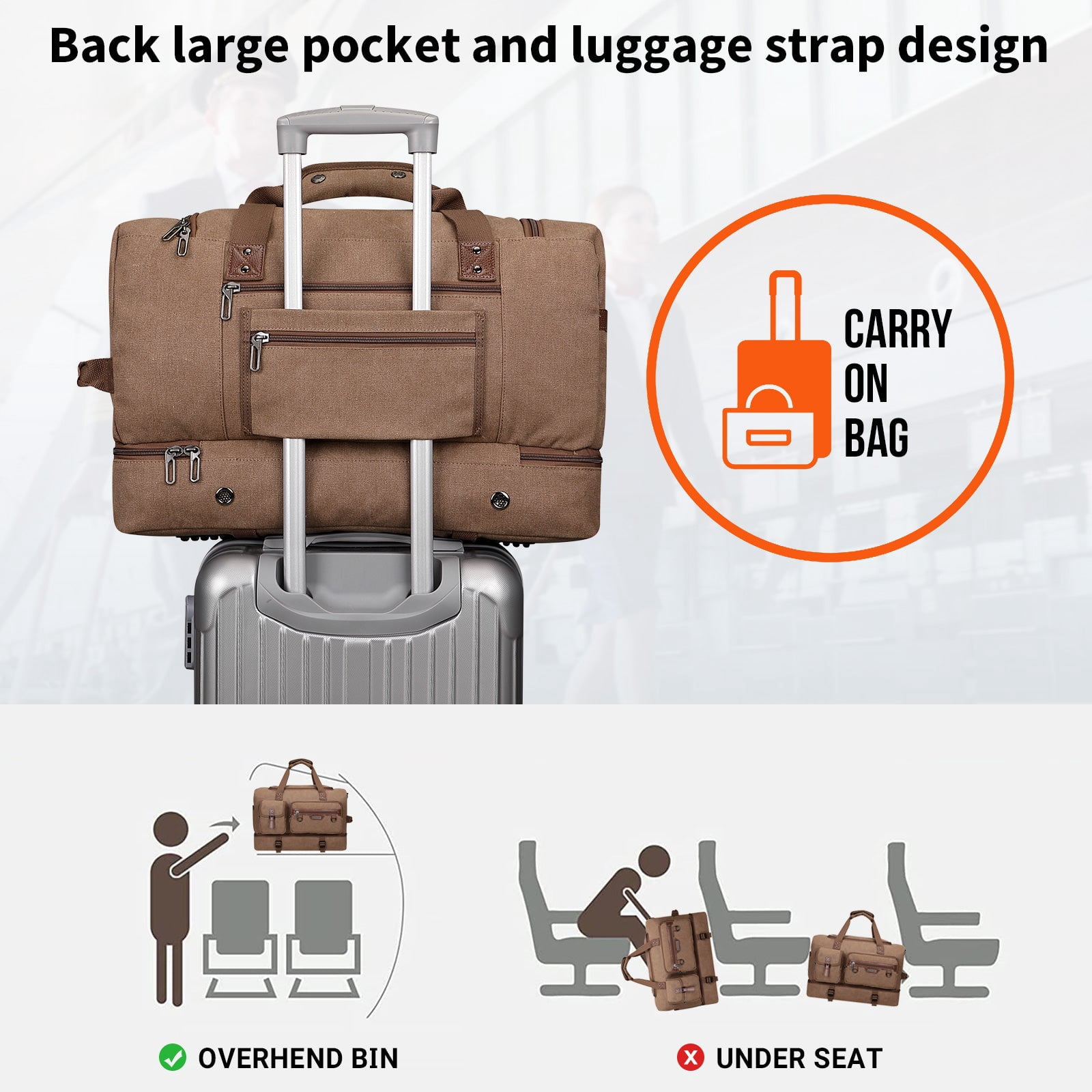 WITZMAN Canvas Weekender Bag Mens Overnight Bag for Traveling Carry on Duffle Bags with Shoes Compartment(A8010 Brown)