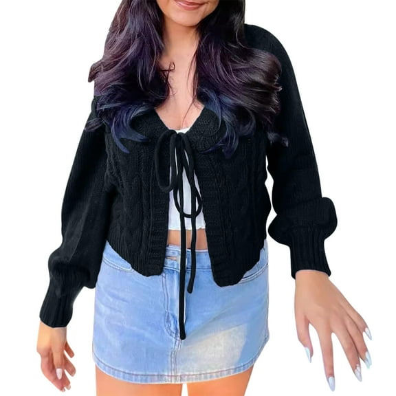 Ltctricy Womens Tie Front Cardigan Cropped Open Front Sweater Comfy Long Sleeve Outerwear Fall Fashion Clothes