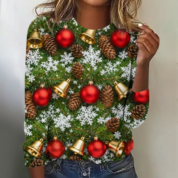 HOMBOM Womens Tops Funny Christmas Dressy Casual Crewneck Long Sleeve Xmas Ugly Christmas Red Tee Shirts for Women